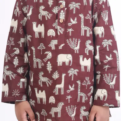 Kids Cotton Nightsuit – Wine Animal Print Kurta & Pyjama Co-ord Set for Boys & Girls