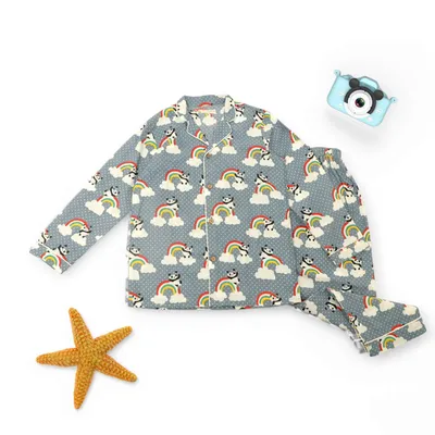 Kids Cotton Rainbow Panda Print Nightsuit – Grey Full Sleeves Shirt & Pant Co-ord Set | Nightwear