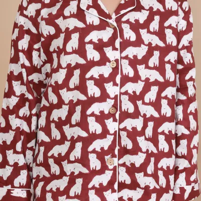 Kids Cotton Nightsuit – Maroon Cat Print Shirt & Pyjama Co-ord Set for Boys & Girls