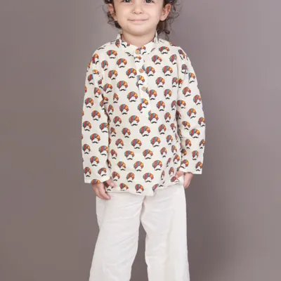 Kids Cotton Nightsuit – White Turban Print Kurta & Pyjama Co-ord Set for Boys & Girls