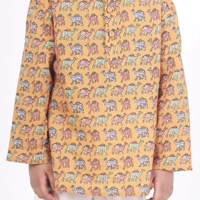 Kids Cotton Nightsuit – Yellow Camel Print Kurta & Pyjama Co-ord Set for Boys & Girls