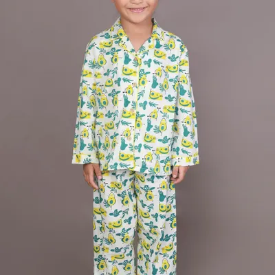 Kids Cotton Nightsuit – White Avocado Print Shirt & Pyjama Co-ord Set for Boys & Girls