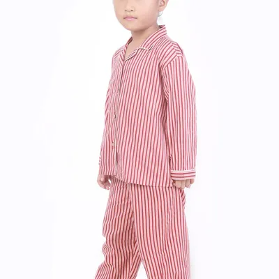 Kids Cotton Nightsuit – Red & White Striped Shirt & Pyjama Co-ord Set for Boys & Girls
