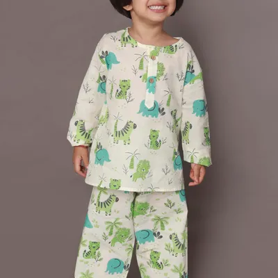 White Blue-Green Animal Cotton Nightsuit | Unisex Kids