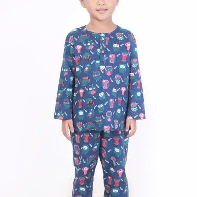 Kids Cotton Owl Print Co-ord Nightsuit – Navy Blue
