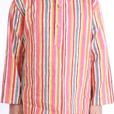 Kids Cotton Stripes Print Kurta Pyjama Nightsuit - Multicolor