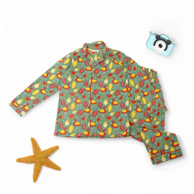 Kids Cotton Watermelon & Pineapple Print Nightsuit – Green Full Sleeves Shirt & Pant Co-ord Set | Nightwear