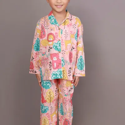Kids Cotton Nightsuit – Peach Lion & Teddy Shirt & Pyjama Co-ord Set for Boys & Girls