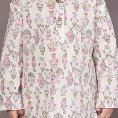 White & Yellow Tortoise Cotton Nightsuit Set For Kids