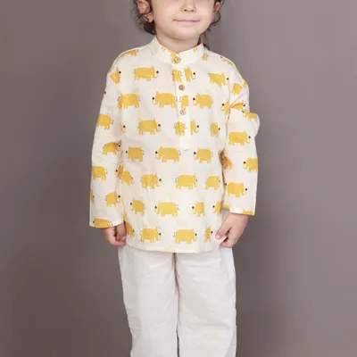 Kids Cotton Nightsuit – Yellow Elephant Print Kurta & Pyjama Co-ord Set for Boys & Girls