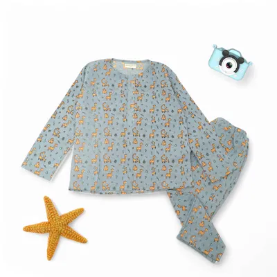 Kids Cotton Giraffe Print Nightsuit | Kurta & Pants Co-ord Set | Full Sleeves | Unisex Nightwear & Loungewear – Grey