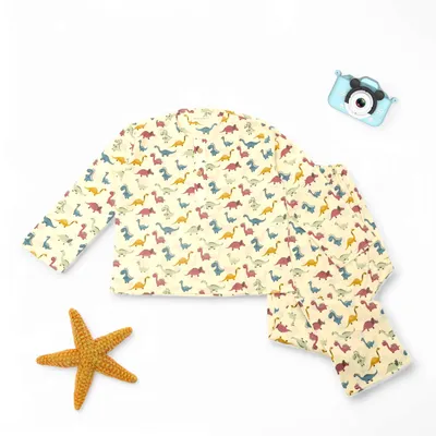 Kids Cotton Dinosaur Print Nightsuit – Cream Full Sleeves Kurta & Pants Co-ord Set | Unisex Nightwear & Loungewear