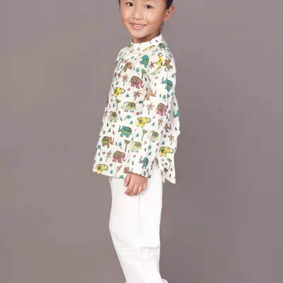 Kids Cotton Elephant Print Kurta Pyjama Nightsuit - White | BREATH:ABLES