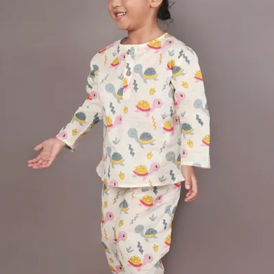 Kids Cotton Turtle Print Co-ord Nightsuit – White & Multi-Color