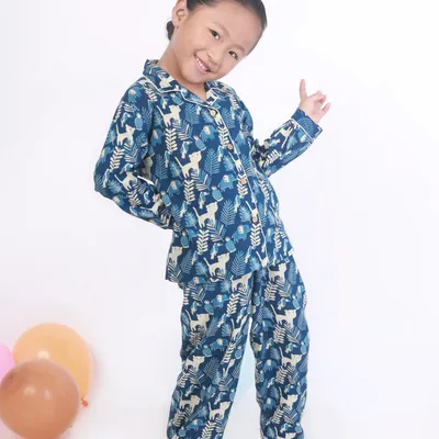 Kids Cotton Nightsuit – Blue Jungle Print Shirt & Pyjama Co-ord Set for Boys & Girls