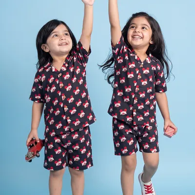 Kids Black Mickey Mouse Print Cotton Nightsuit Shorts Co-ord Set for Boys and Girls