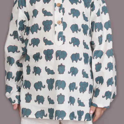 Kids Cotton Nightsuit – White Elephant Print Kurta & Pyjama Co-ord Set for Boys & Girls
