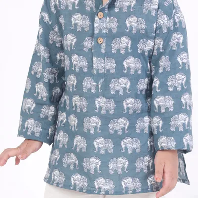 Kids Unisex Cotton Nightsuit – Grey Elephant Print Kurta & Pyjama Co-ord Set