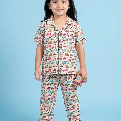 Kids White Bus & Cars Print Cotton Nightsuit Co-ord Set for Boys and Girls