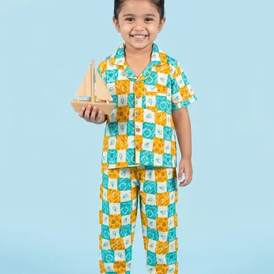Kids Multicolour Checks Cotton Nightsuit Co-ord Set for Boys and Girls