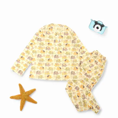 Kids Cotton Elephant Print Nightsuit – Cream Full Sleeves Kurta & Pants Co-ord Set | Unisex Nightwear & Loungewear