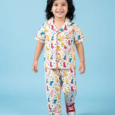 Kids White Dino Print Cotton Nightsuit Co-ord Set For Boys and Girls