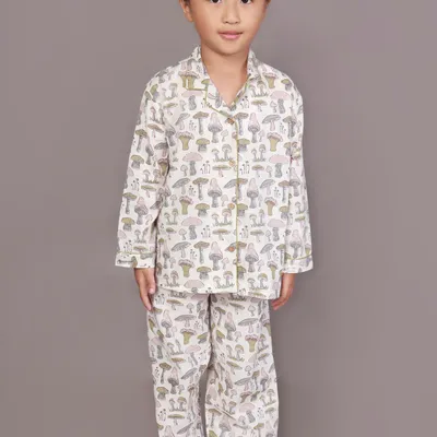 Kids Cotton White Mushroom Print Shirt & Pyjama Unisex Nightsuit