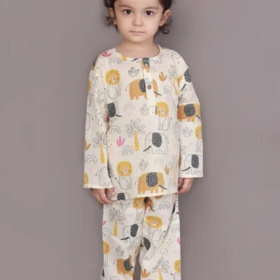 White Animal Print Cotton Nightsuit Set | Unisex Kids Sleepwear