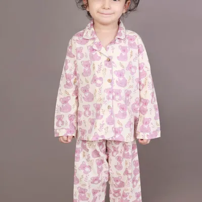 Kids Cotton Nightsuit – White & Pink Teddy Shirt & Pyjama Co-ord Set for Boys & Girls