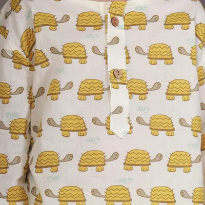 Kids Cotton Turtle Print Co-ord Nightsuit with Kurta and Pyjama – White & Yellow