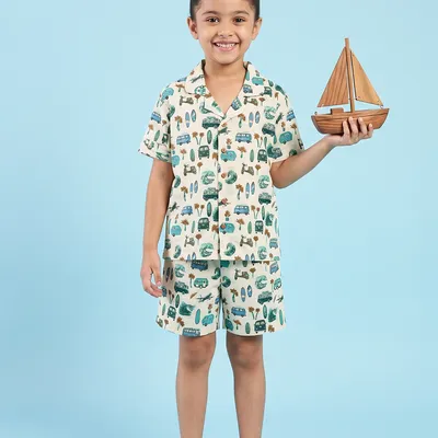 Kids White Blue Beach Inspired Cotton Nightsuit Shorts Co-ord Set For Boys and Girls