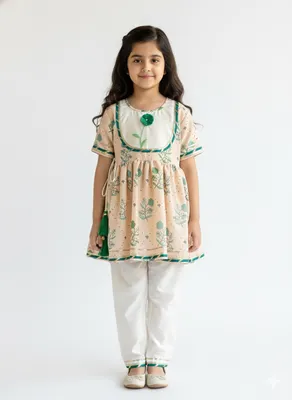 Beige floral printed anchor thread kurta set