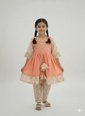 Peach cotton silk frock style kurta