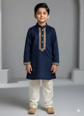 Navy Blue Velvet Kurta Set for Boys