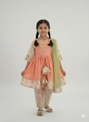 Peach cotton silk frock style kurta with dupatta