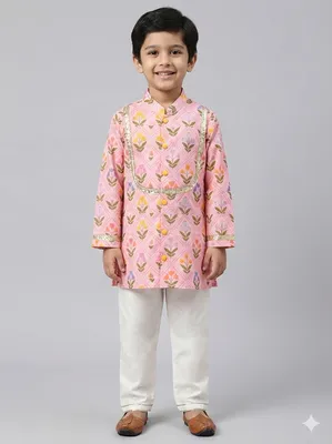 Pink geometric flower print boys kurta set