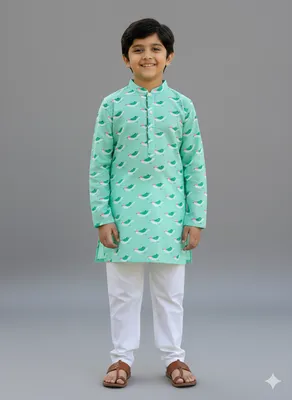 Green bird print kurta set