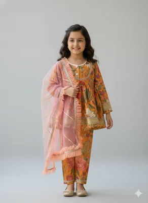 Orange flower print angrakha set