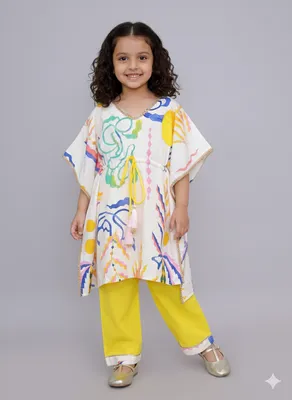 Yellow sun print kaftan kurta set