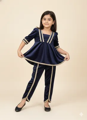 Navy Blue frock-style velvet dhoti set