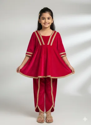 Fuchsia pink frock-style velvet dhoti set