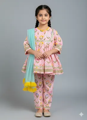Pink geometric flower print kurta set