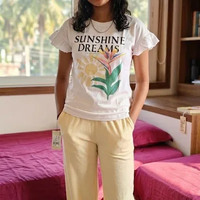 White Sunshine Dreams Graphic Tshirt and Yellow Pant Set for Girls