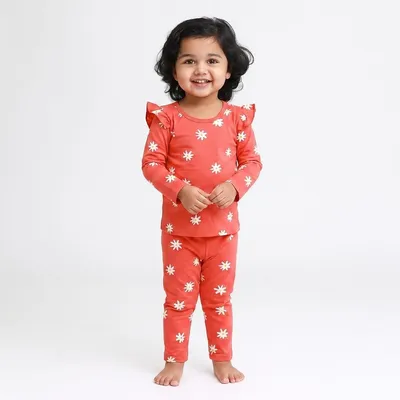 Coral Cotton Daisy Print Full Sleeve Top and Pyjama Set for Girls