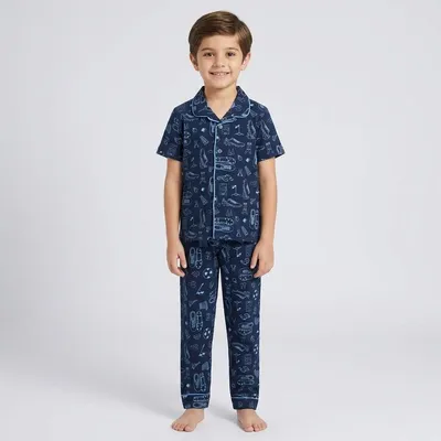 Navy Blue Cotton Sports Print Night Suit for Boys