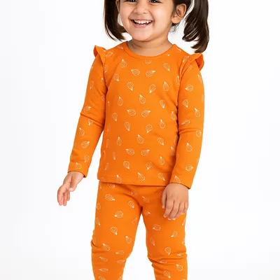 Orange Printed Full Sleeve Night Suit Set for Girls