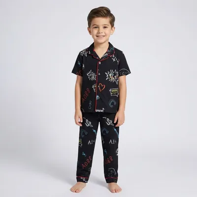 Black Cotton Graphic Print Nightsuit Set for Kids