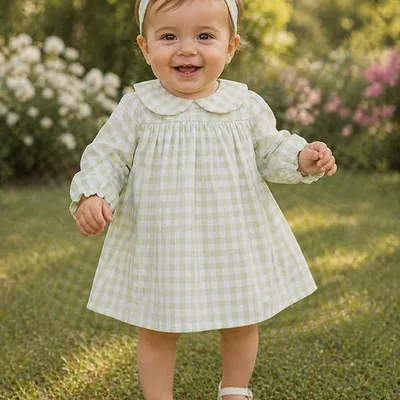 Pastel Gingham Baby Frock With Headband Green