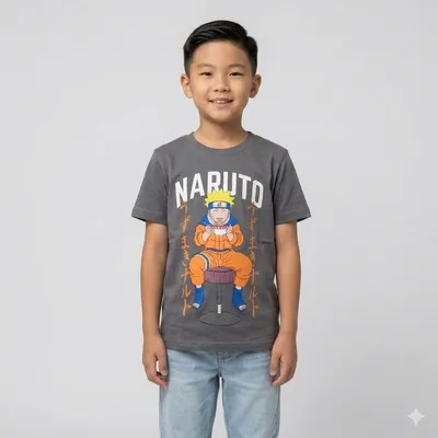 Grey Cotton Naruto Graphic Print T-Shirt for Boys