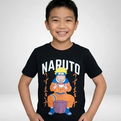 Black Cotton Naruto Graphic Print T-Shirt for Boys